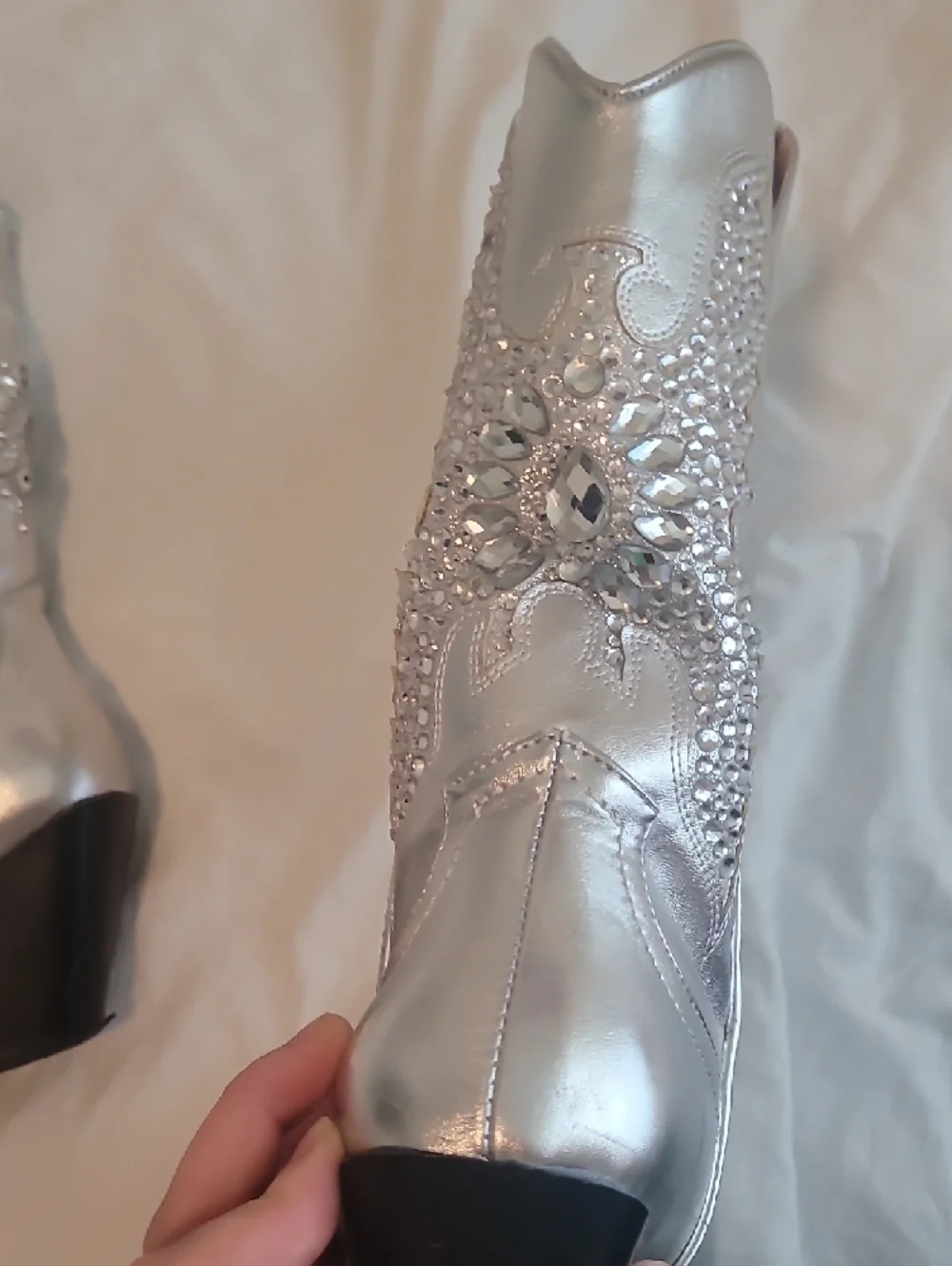Silver Western-Style Mid-Calf Boot with Embellished Stitching - Picture 7 of 7